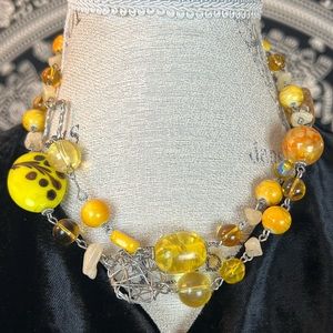 Boho Bold Mixed Chunky Necklace 18"  handcrafted yellow beads silver metal